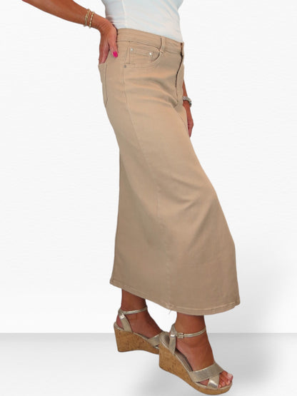 Women's Front Split Maxi Skirt Heavy Cotton Beige