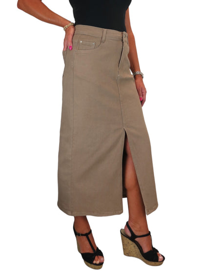 Women's Front Split Maxi Skirt Heavy Cotton Light Brown