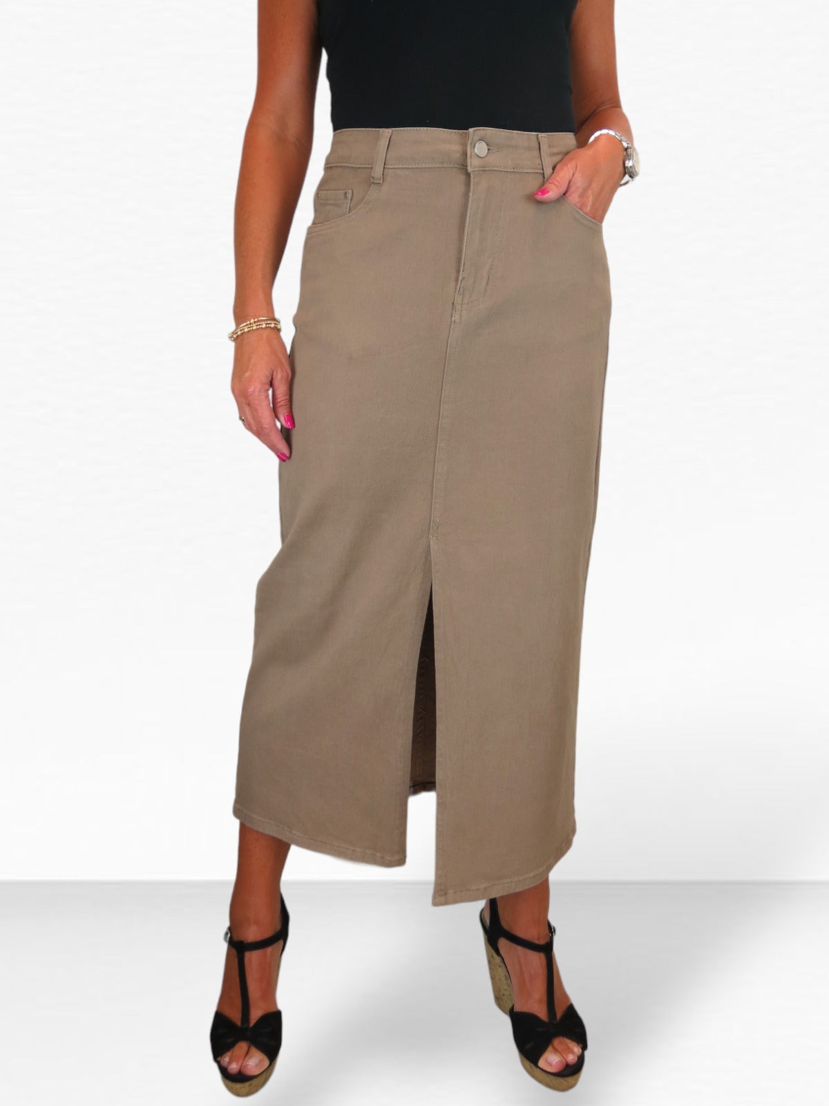 Women's Front Split Maxi Skirt Heavy Cotton Light Brown