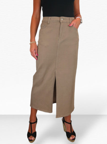 Women's Front Split Maxi Skirt Heavy Cotton Light Brown