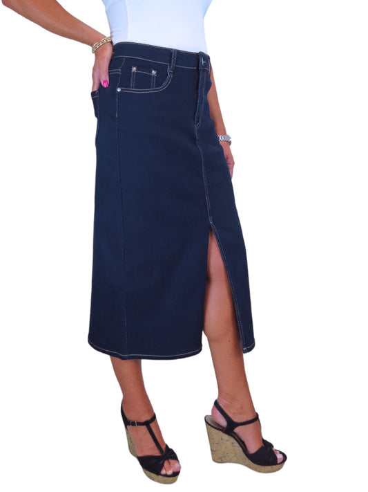 Women's Front Split Denim Maxi Skirt Indigo Dark Blue