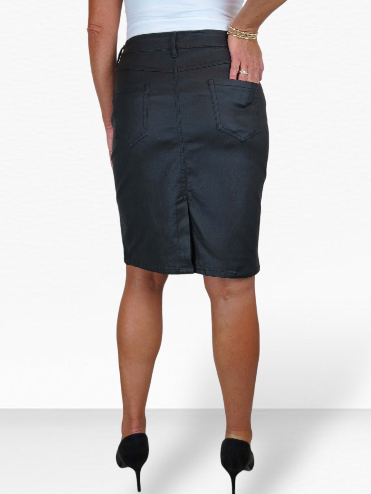 Women's Coated Leather Look Pencil Skirt Black