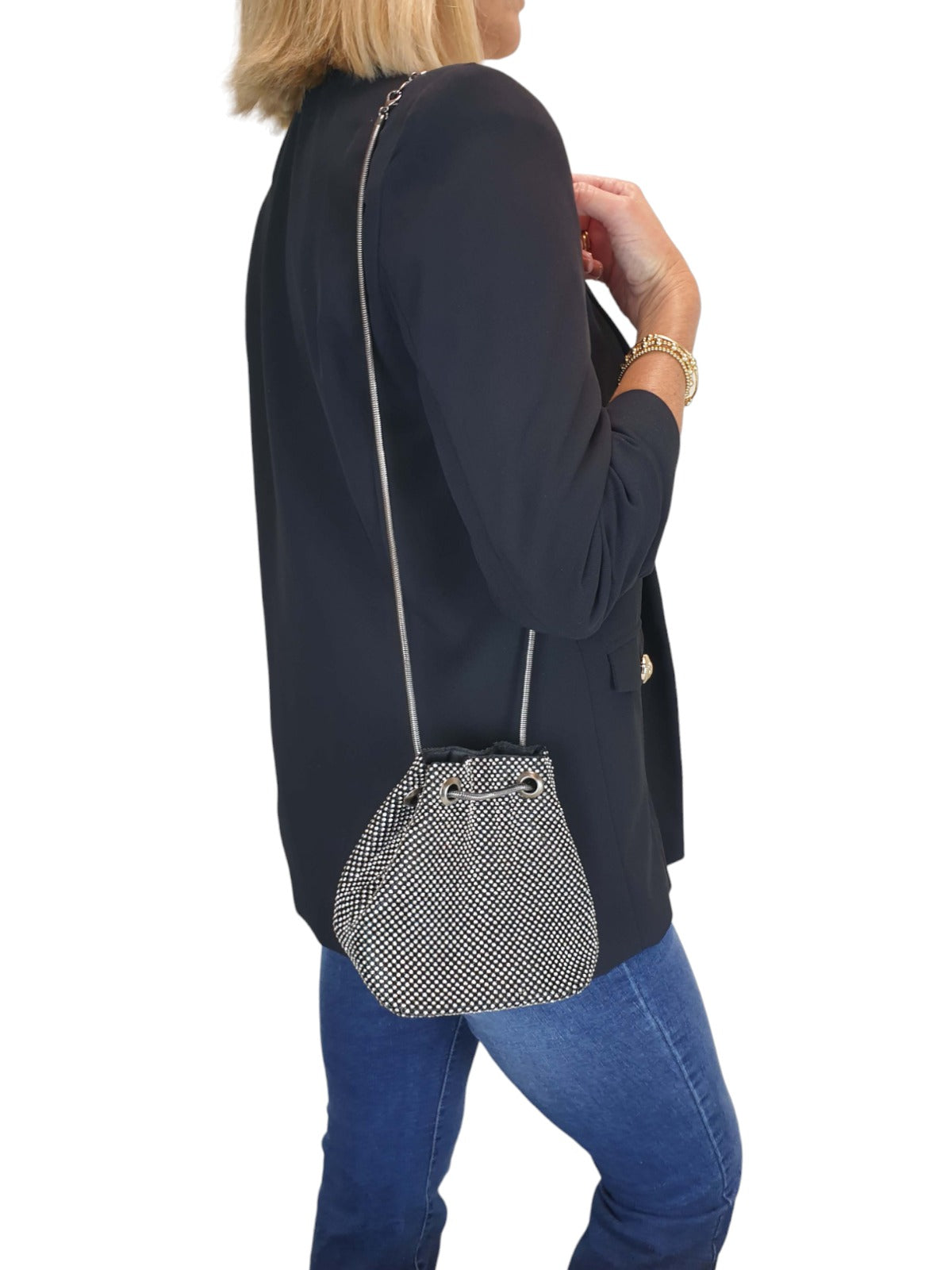 Diamante Crystal Bucket Bag Black
