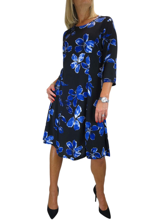 Floral Print Fit And Flare Knee Length Dress Royal Blue