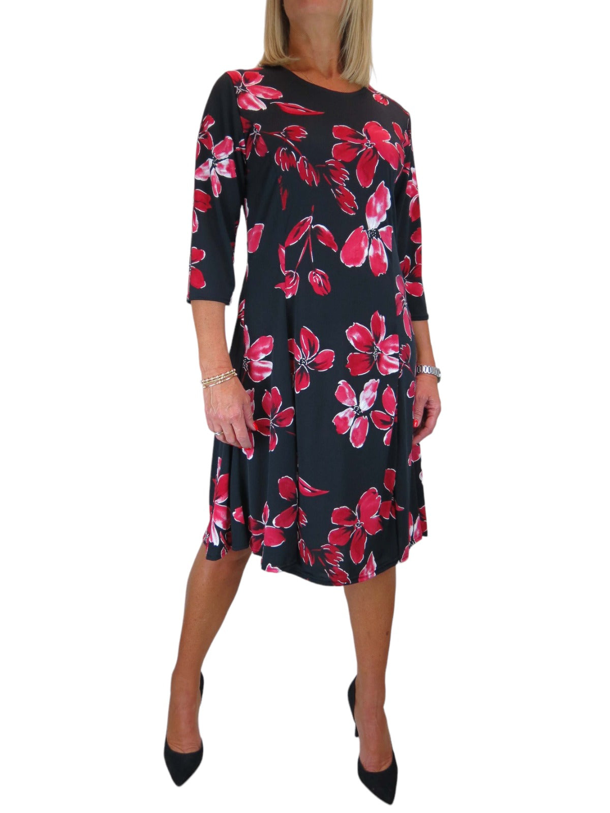 Floral Print Fit And Flare Knee Length Dress Red