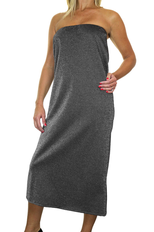 Bandeau Maxi Dress Stretchy Glitter Dark Silver