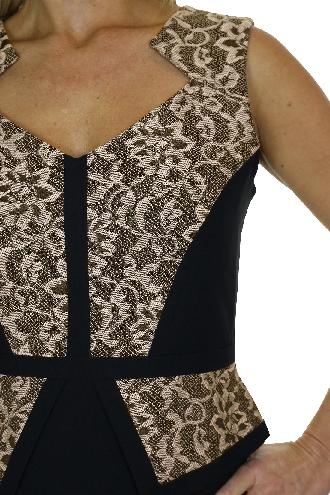Lace Front Pencil Peplum Dress Black/Beige