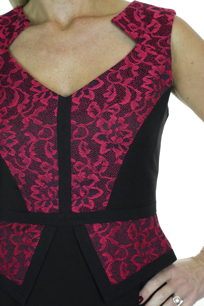 Lace Front Pencil Peplum Dress Black/Pink
