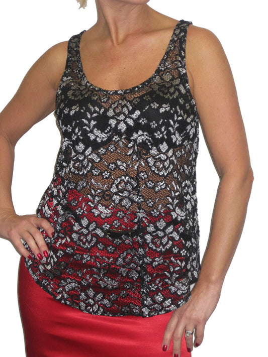 Lace Cami Vest Top Black Floral Silver Silver