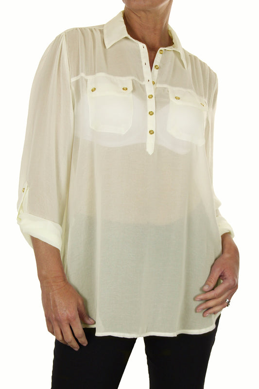 Chiffon Shirt Blouse Top With Gold Buttons Cream