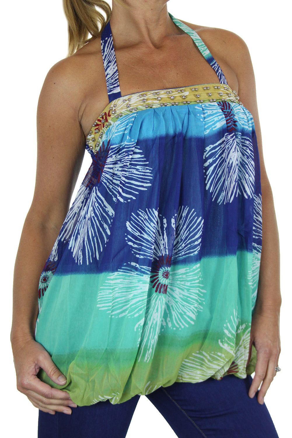 Ladies Tunic Top Floral Print Chiffon Blue