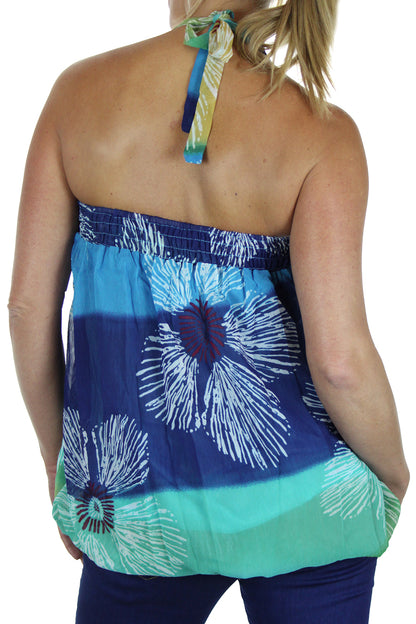 Ladies Tunic Top Floral Print Chiffon Blue