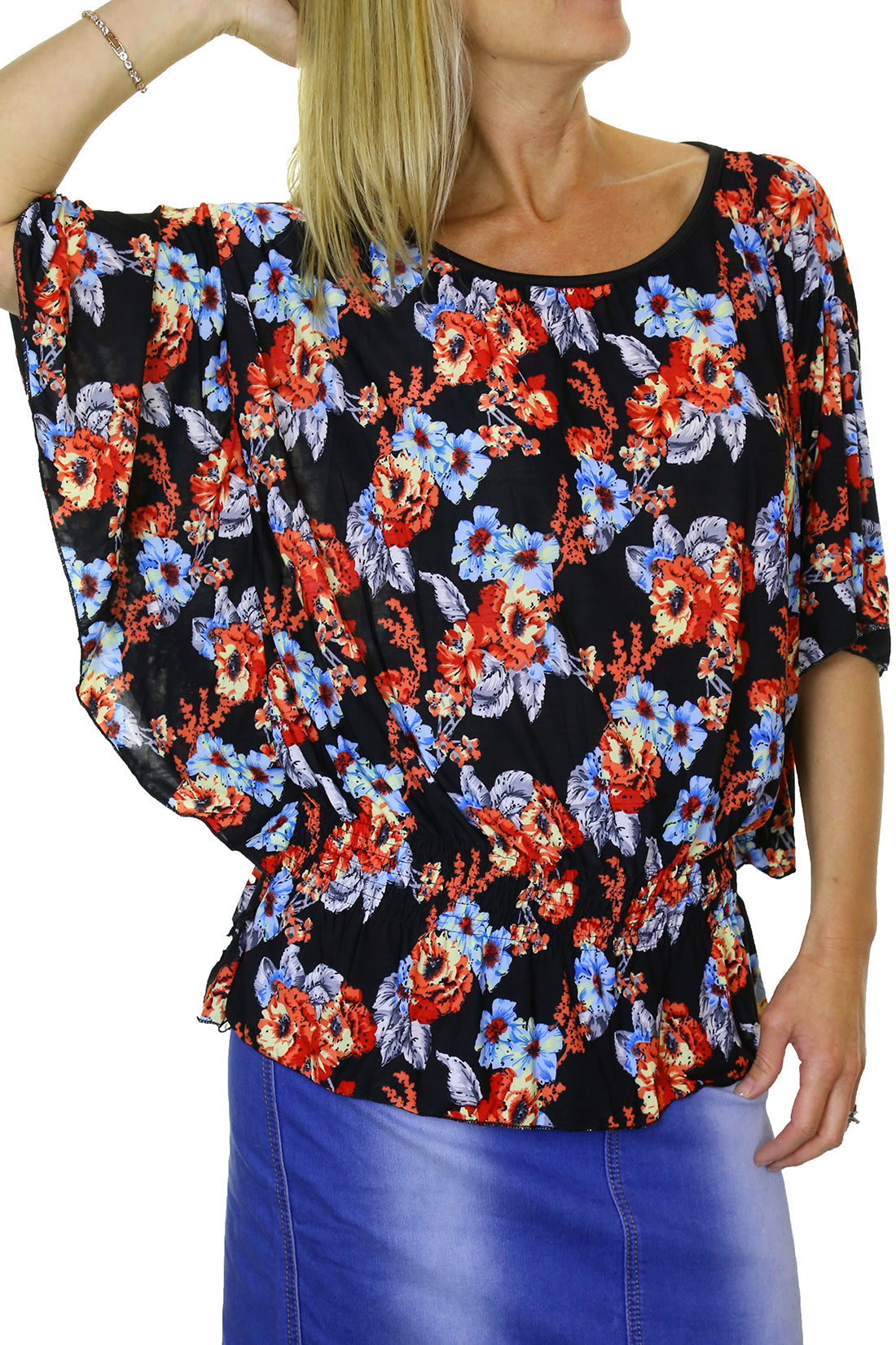 Ladies Batwing Sleeve Floral Print Tunic Top Red