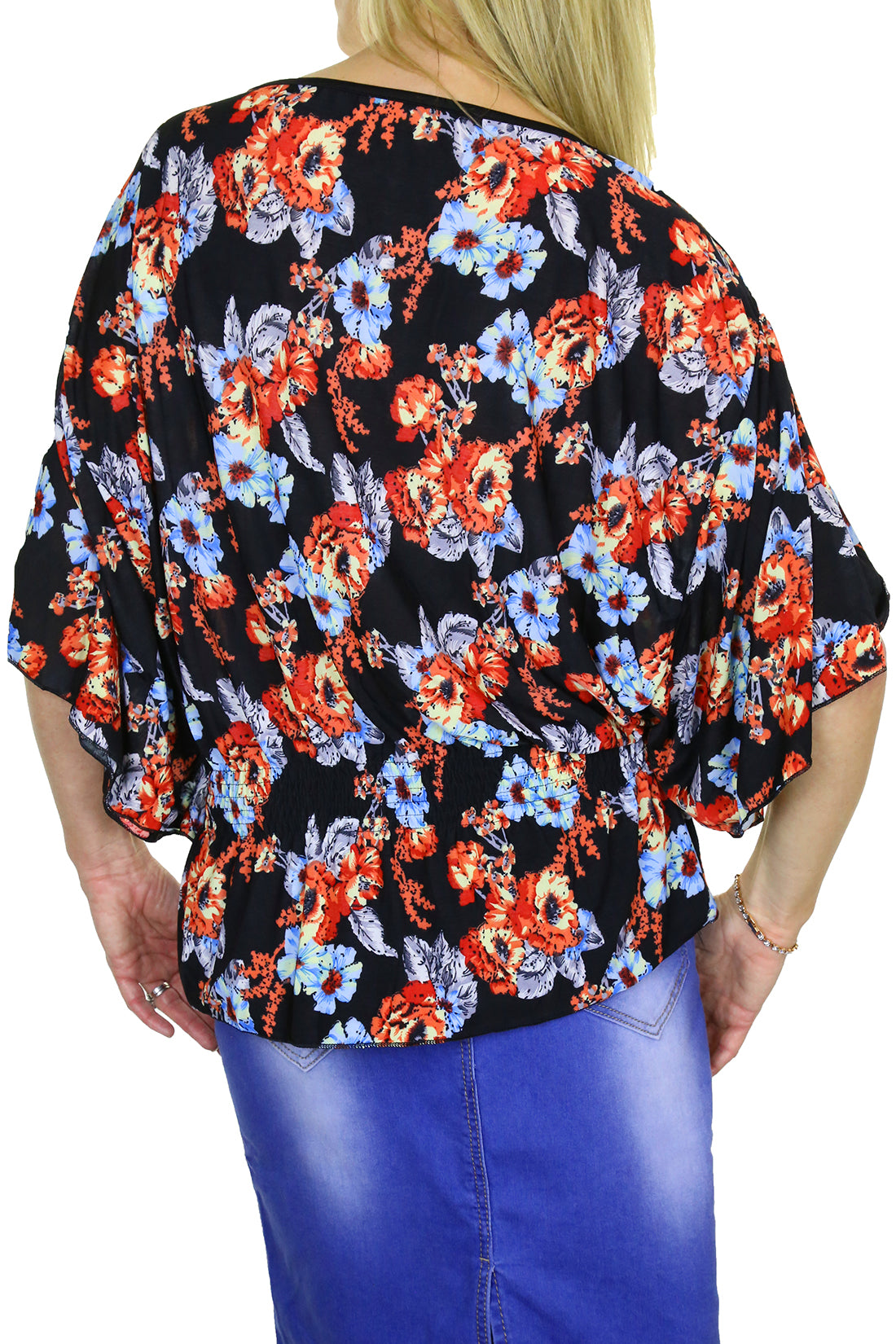 Ladies Batwing Sleeve Floral Print Tunic Top Red