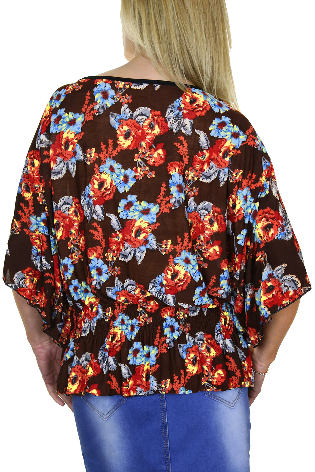 Ladies Batwing Sleeve Floral Print Tunic Top Brown