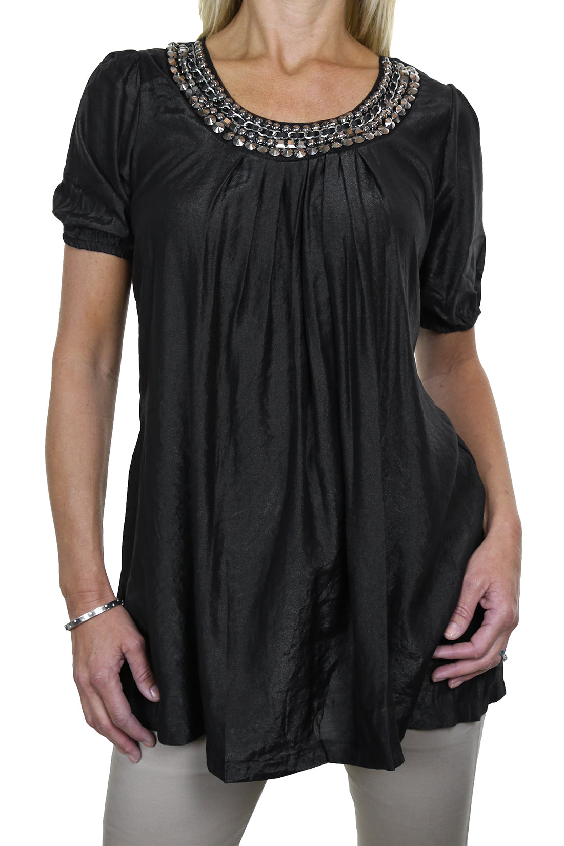 Tunic Top With Silver Bead Stud Detail Black