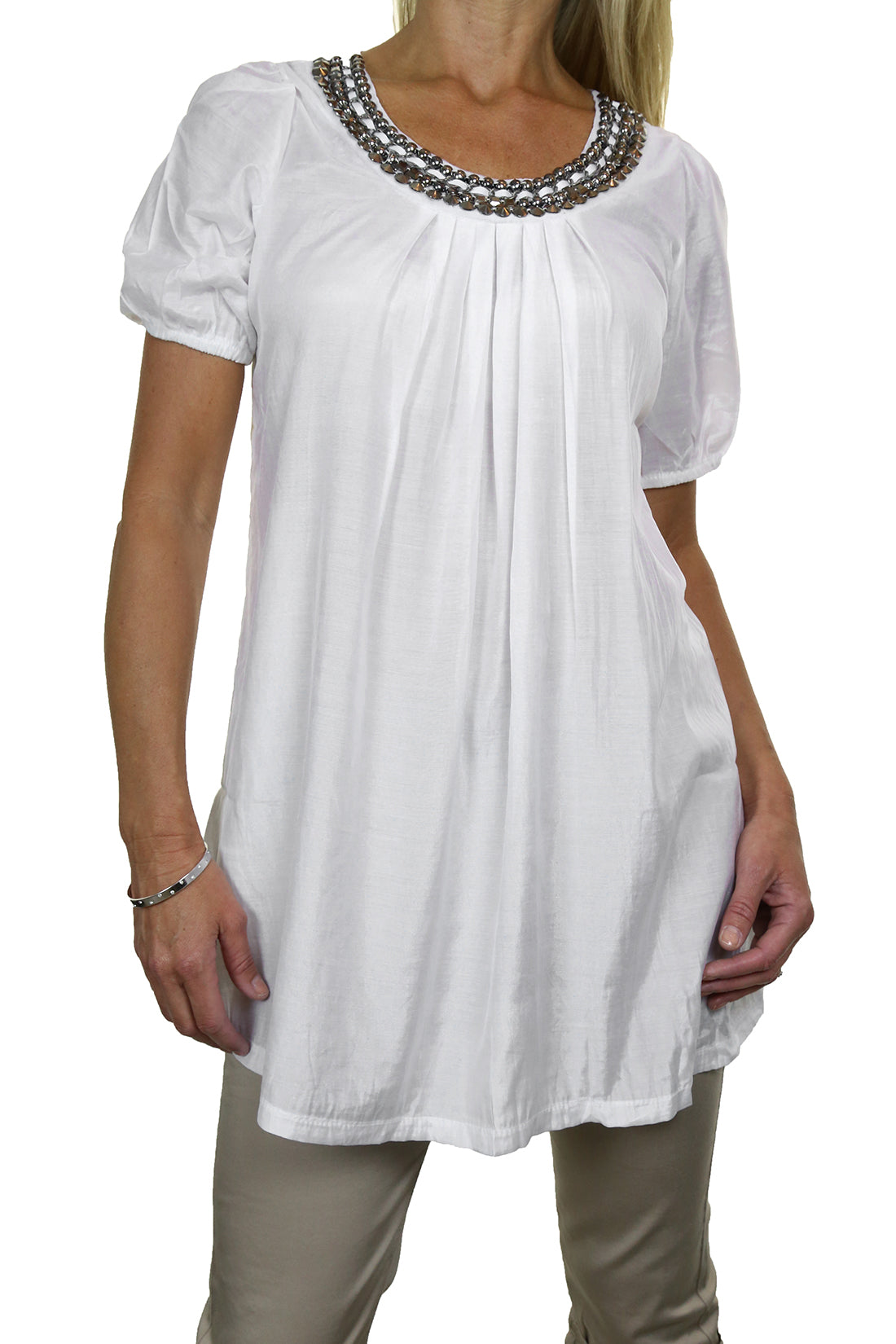 Tunic Top With Silver Bead Stud Detail White