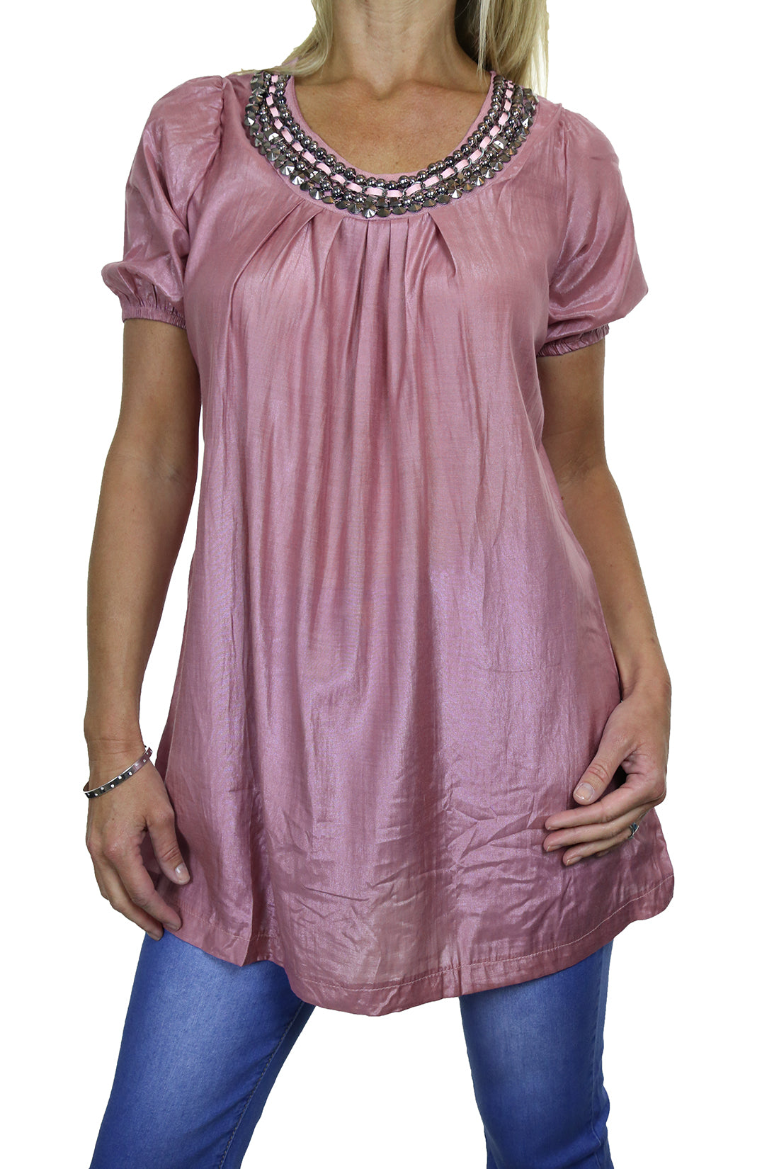 Tunic Top With Silver Bead Stud Detail Pink