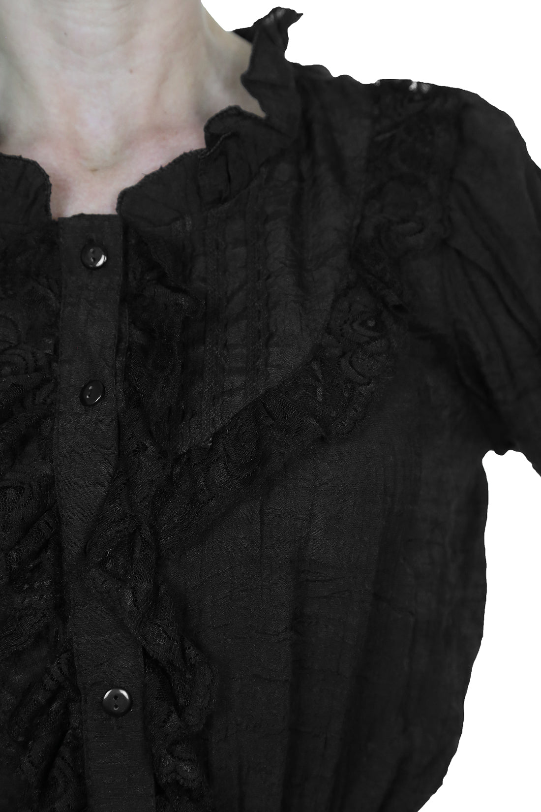 Romantic Style Tunic Shirt Top with Lace Black
