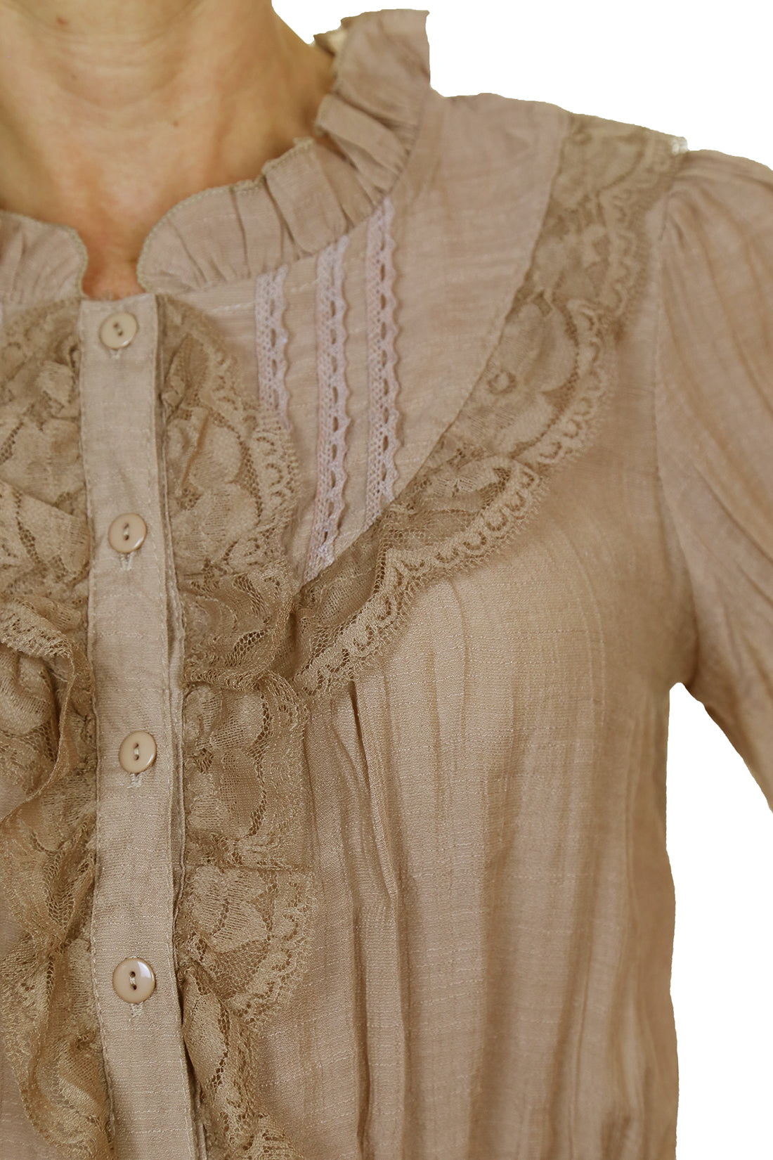 Romantic Style Tunic Shirt Top with Lace Beige