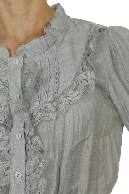 Romantic Style Tunic Shirt Top with Lace Grey