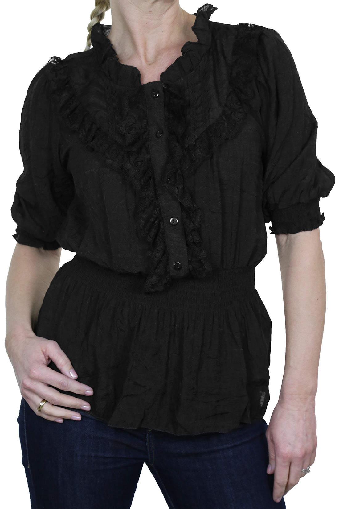 Romantic Style Tunic Shirt Top with Lace Black