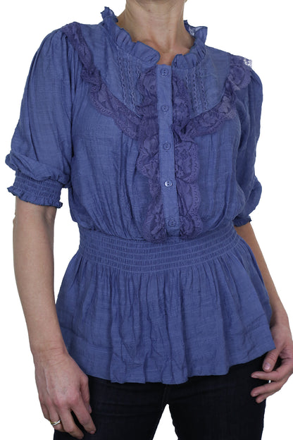 Romantic Style Tunic Shirt Top with Lace Blue