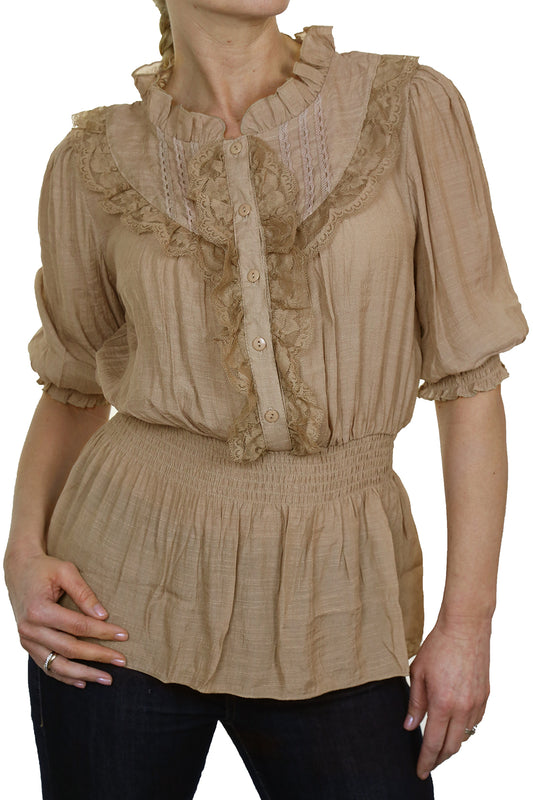Romantic Style Tunic Shirt Top with Lace Beige