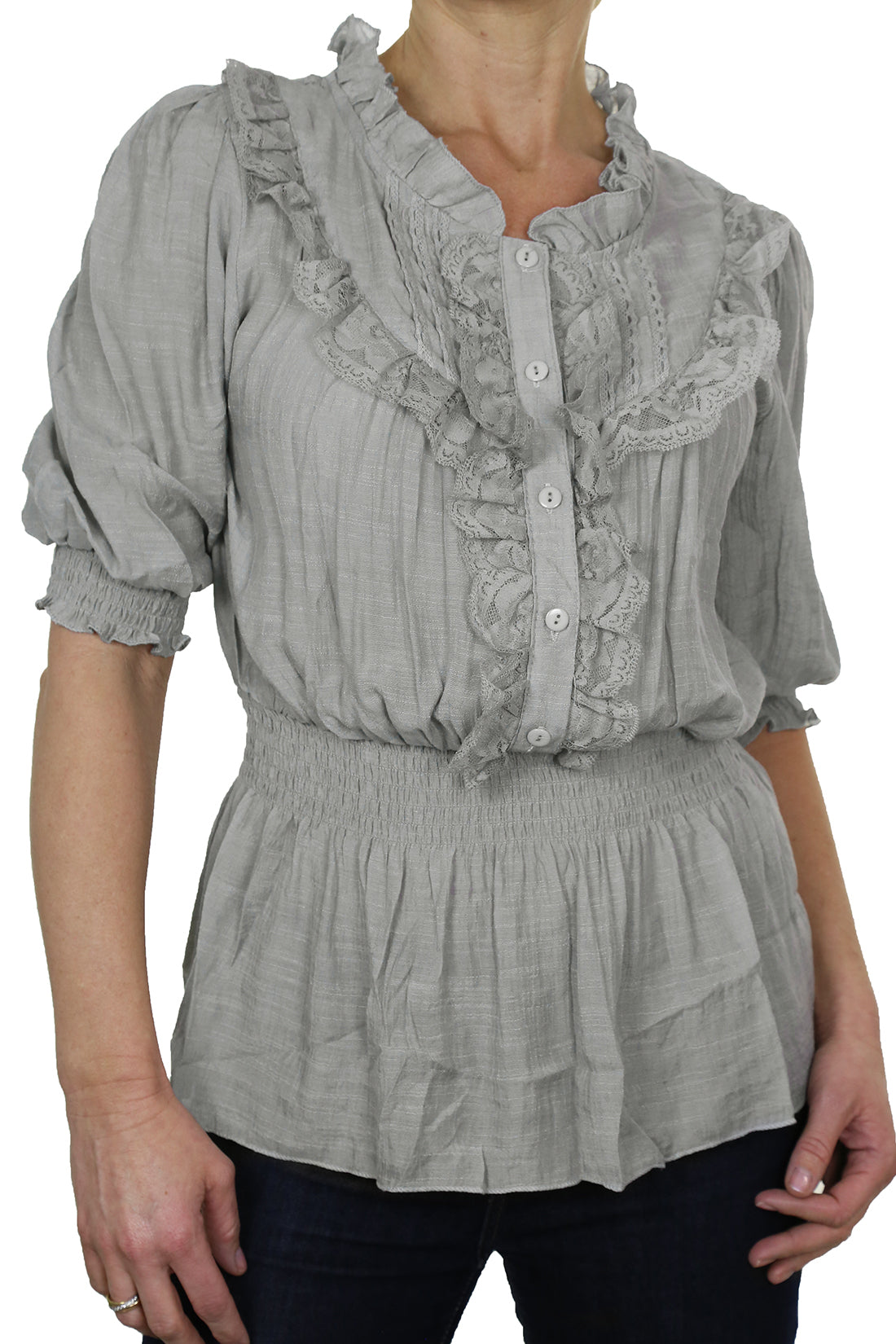 Romantic Style Tunic Shirt Top with Lace Grey