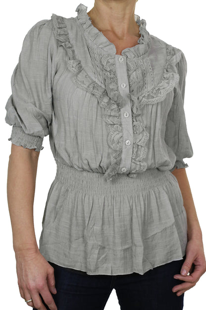 Romantic Style Tunic Shirt Top with Lace Grey