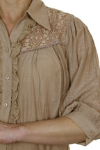 Crochet Lace Shirt Top With Frill Detail Light Brown