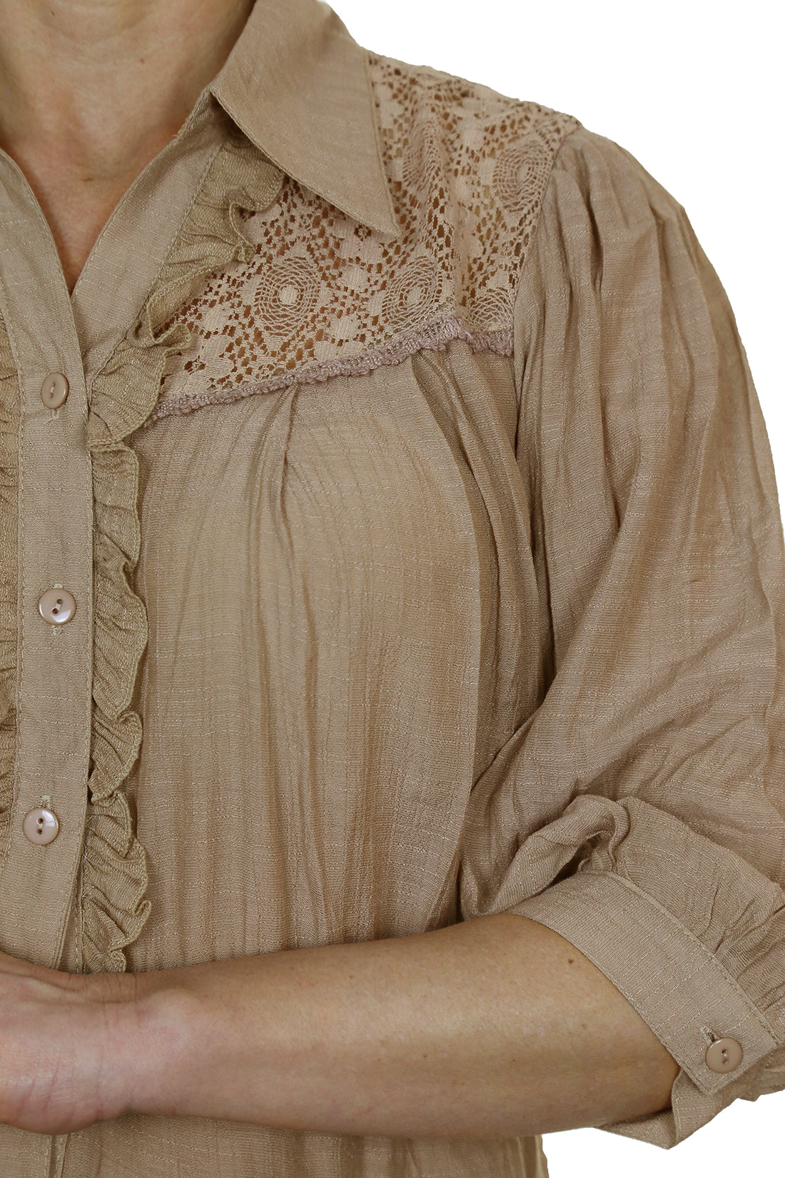 Crochet Lace Shirt Top With Frill Detail Light Brown