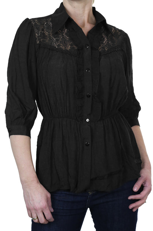 Crochet Lace Shirt Top With Frill Detail Black