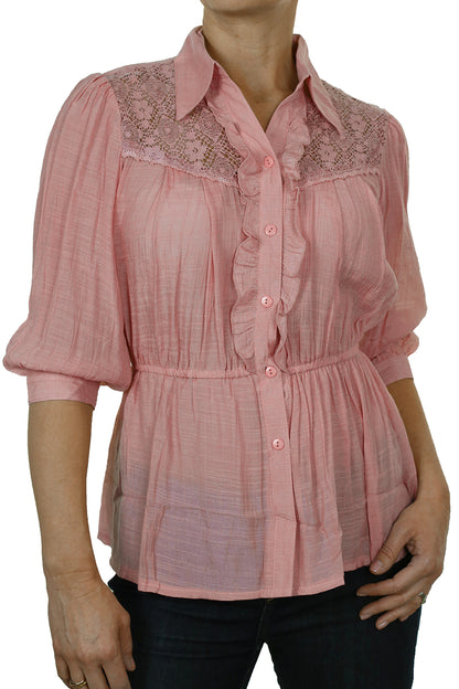 Crochet Lace Shirt Top With Frill Detail Pink