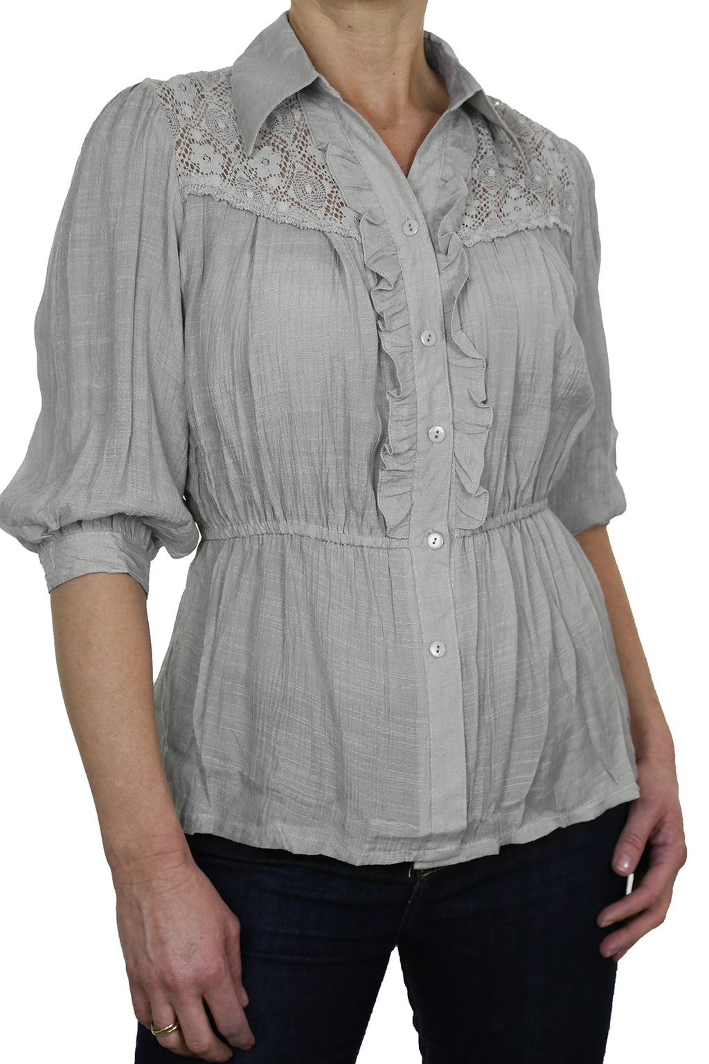 Crochet Lace Shirt Top With Frill Detail Silver Grey