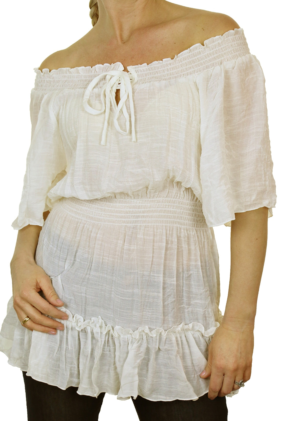 Gypsy Tunic Top Textured Sheen Fabric Cream
