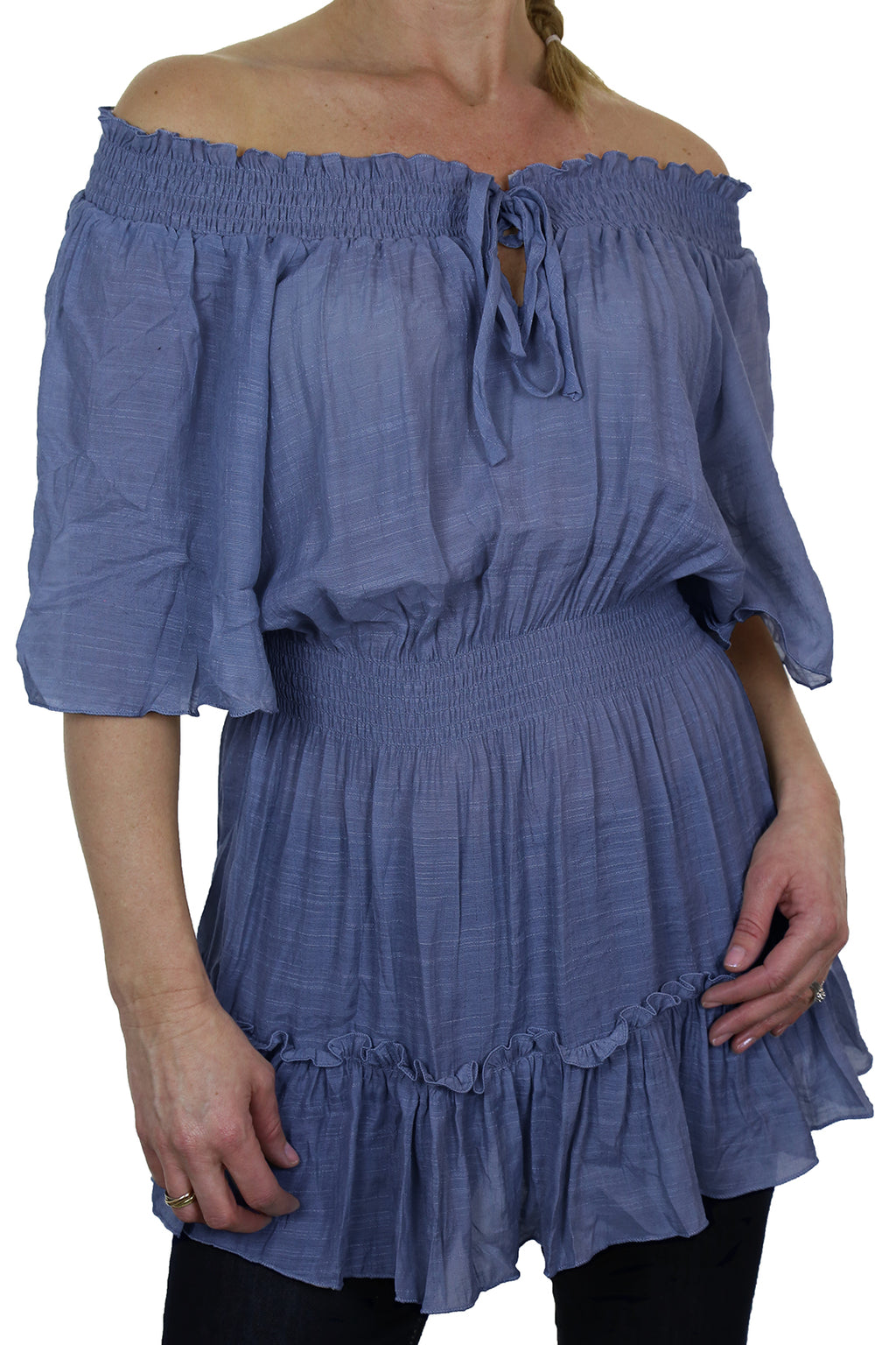 Gypsy Tunic Top Textured Sheen Fabric Blue