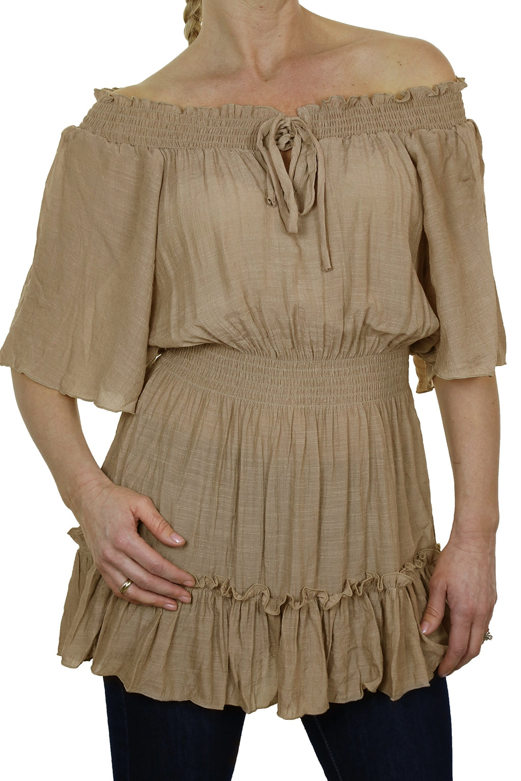 Gypsy Tunic Top Textured Sheen Fabric Beige
