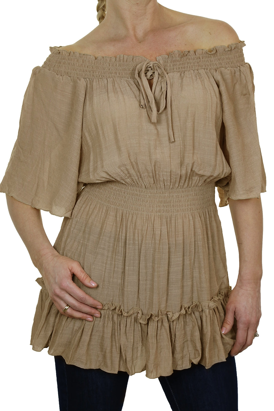 Gypsy Tunic Top Textured Sheen Fabric Beige