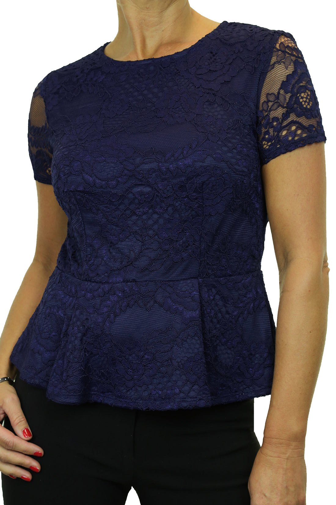 Crochet Lace Peplum Top Fully Lined Navy Blue