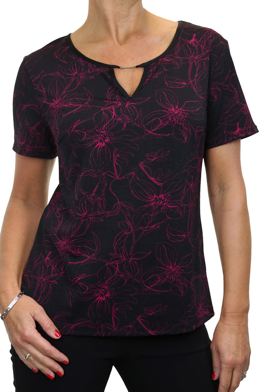 Floral Print Top Stretch With Sheen Black/Pink