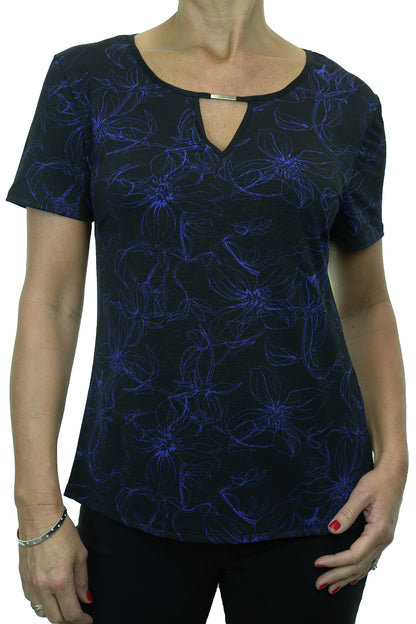Floral Print Top Stretch With Sheen Black/Blue