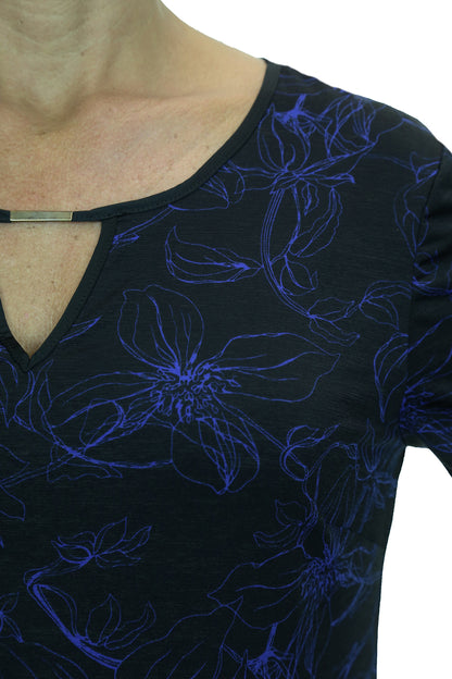 Floral Print Top Stretch With Sheen Black/Blue