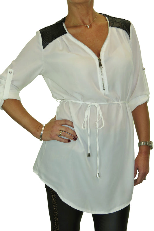 Tunic Shirt Top Fine Georgette with Zip Detail Off-White
