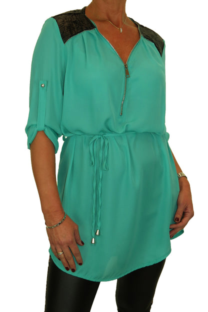 Tunic Shirt Top Fine Georgette with Zip Detail Green