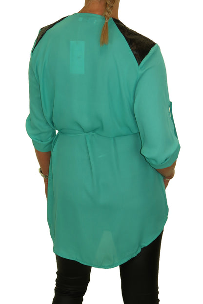 Tunic Shirt Top Fine Georgette with Zip Detail Green