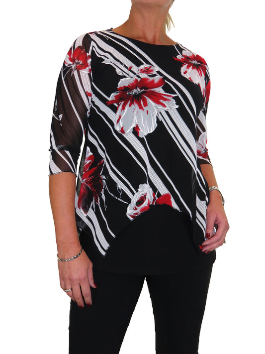 Flower Design Mesh Black Top Black (Red mesh flower)