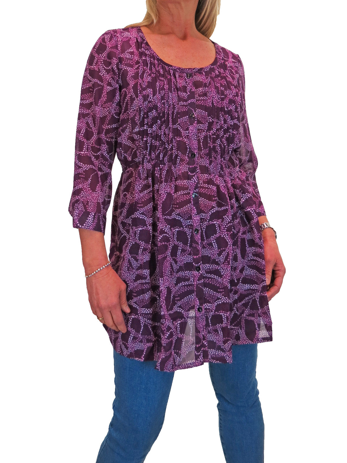 Loose Fit Tunic Shirt Top Print Chiffon Purple/Wine