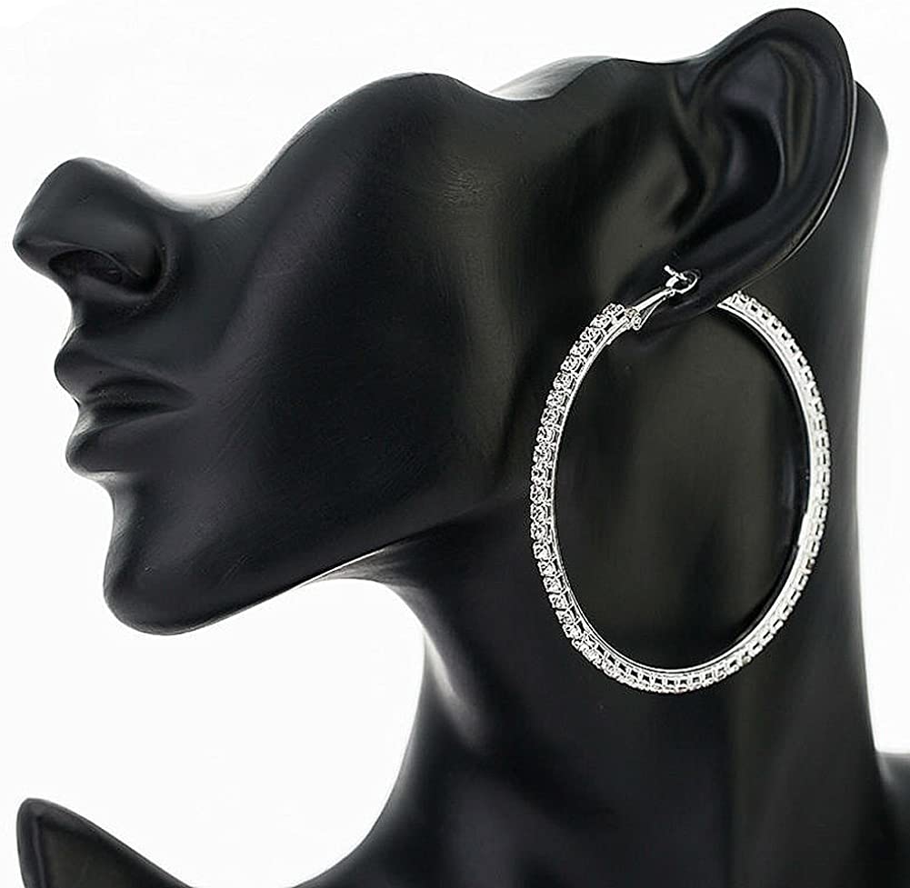 Diamante Hoop Earrings 6cm and 7cm Silver 6cm