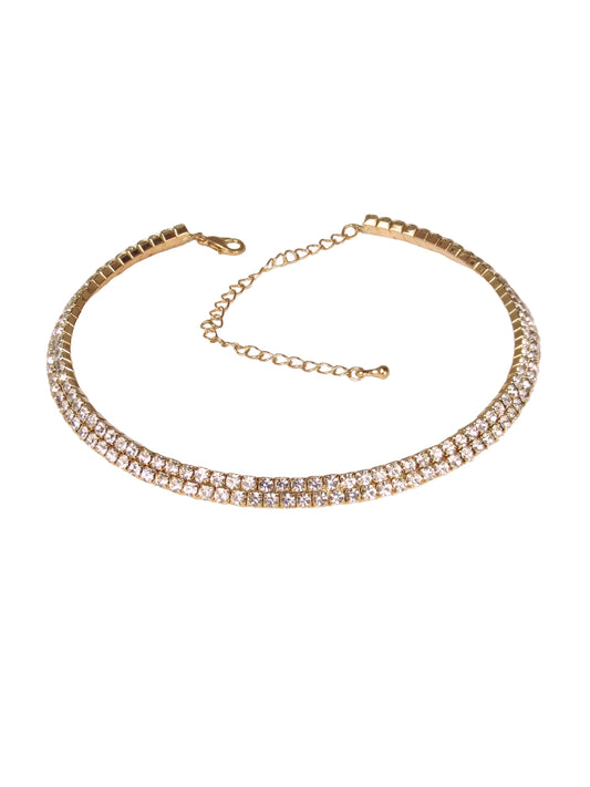 2 Row Diamante Choker Necklace Gold